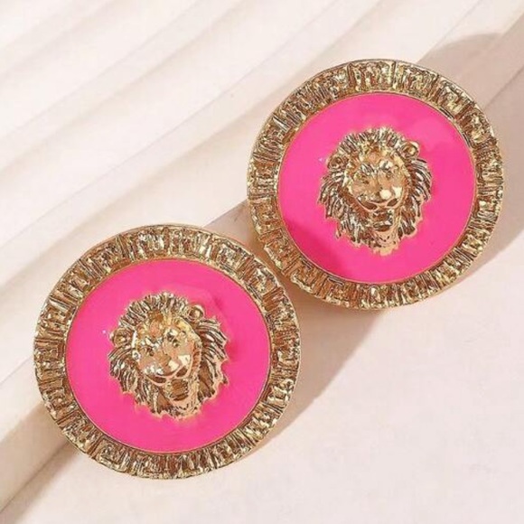 Vintage Jewelry - Lion Head Style, Barbie Hot Pink, Gold tone, Designer Inspired Enamel Earrings